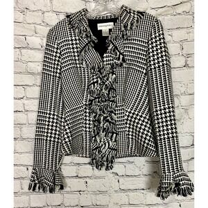 Bloomingdale's Women's Houndstooth Black White Woven Ruffle Blazer Jacket